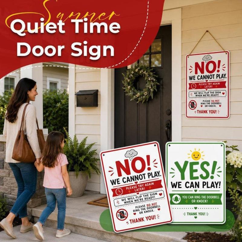 Front Door Play Status Sign, Reversible Double Sided Metal Door Hanger Plaque for Family with Kids and Neighbor Visit