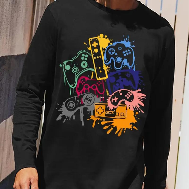 

Игровой контроллер Граффити Принт Мужские футболки Длинные рукава Футболки Круглый вырез Повседневный свитер Мужская одежда Большие размеры M чёрный