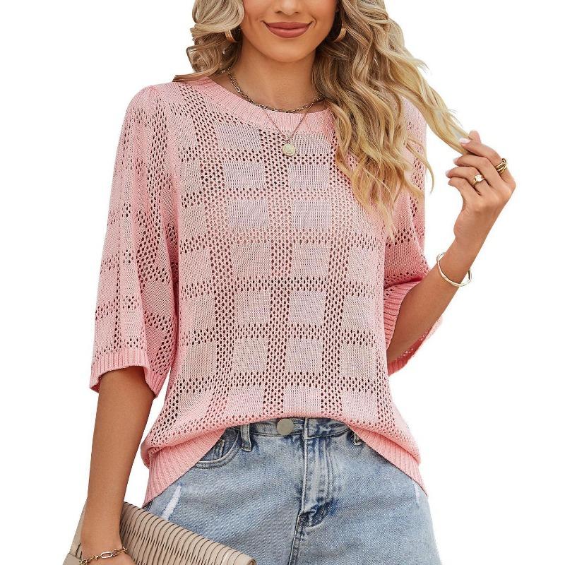 Neuer Sommer Damen Rundhals Hohl Sonnenschutzkleidung Gestrickter Pullover Bluse