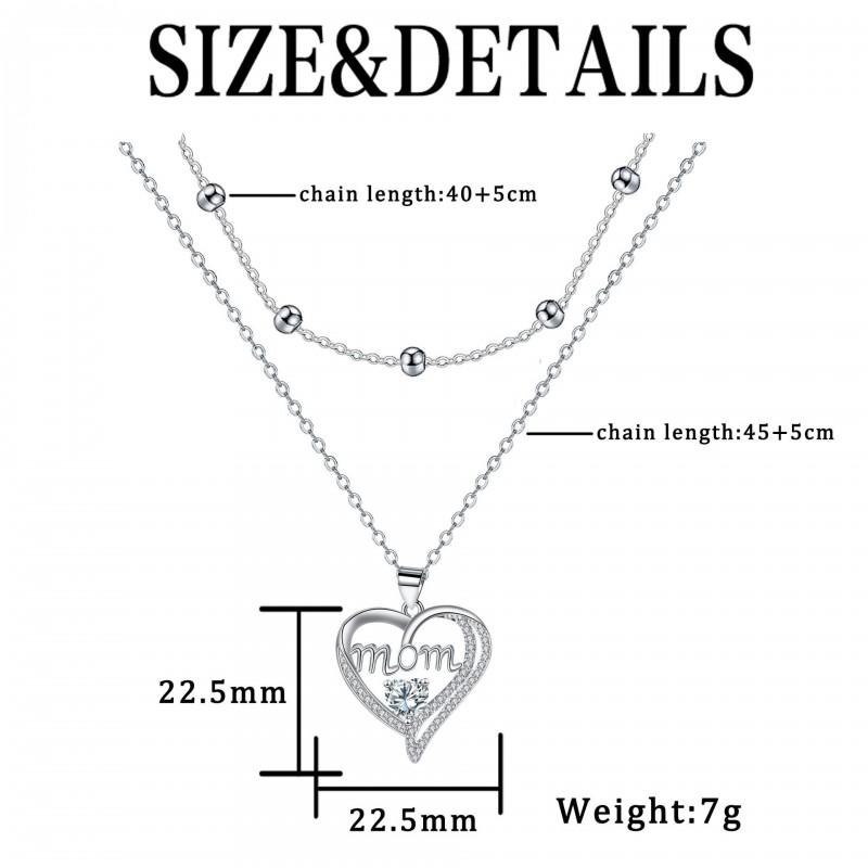 Double Layer Heart Pendant Necklace Women Tone Alloy With Cubic Zirconia Stacking Style Mom Jewelry
