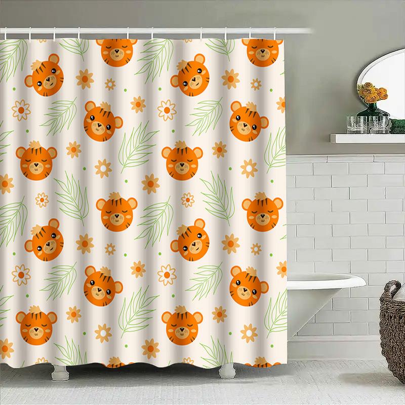 Kids Bath Shower Curtain Orange Tiger Green Leaf Floral Design For Bathroom Decorations – Machine Washable Fabric Waterproof Sho