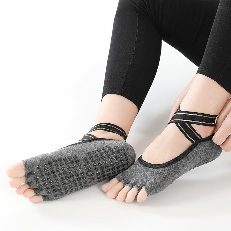 Women's Breathable Cotton Backless Fingerless Non-Slip Yoga Toe Socks with Cross Strap