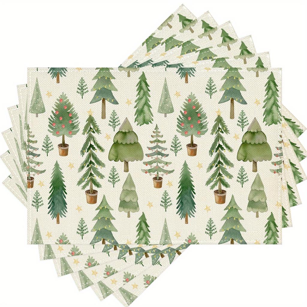 4/ 6pcs Polka-Dot Potted Pine Tree Star Christmas Placemats, 12x18 Inch Washable Table Mats for Kitchen Dining Home Party Decor