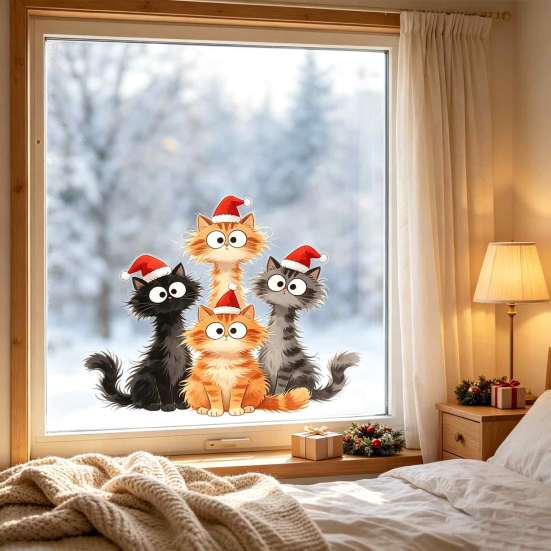 DIY Christmas Scene Window Decals Cling, Cartoon Cats Sticker with Santa Hat, Removable Cute Holiday Decorations PVC Static Glass Decal for