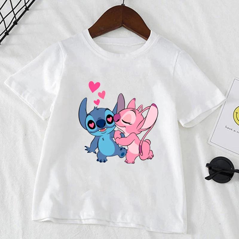 Cute Disney Stitch Print Kids T-shirts Summer White Short Sleeve Boys Girls Tee Shirt Child Cartoon Harajuku Tops Clothes