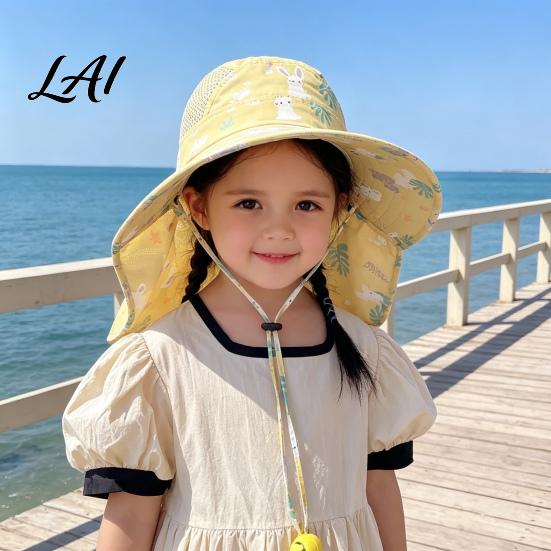 Portable Foldable Beach Hat for Babies Cartoon Kids Sun with Neck Flap Print Breathable Wide Brim Cap Running Boys Girls UV Protection Outdoor
