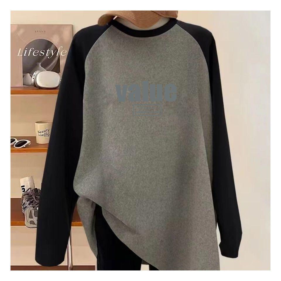 

Women s Long Sleeve Plush Patchwork Round Neck Mid-Length Plus Velvet Shirt for Autumn and Winter M (80-100 jin)