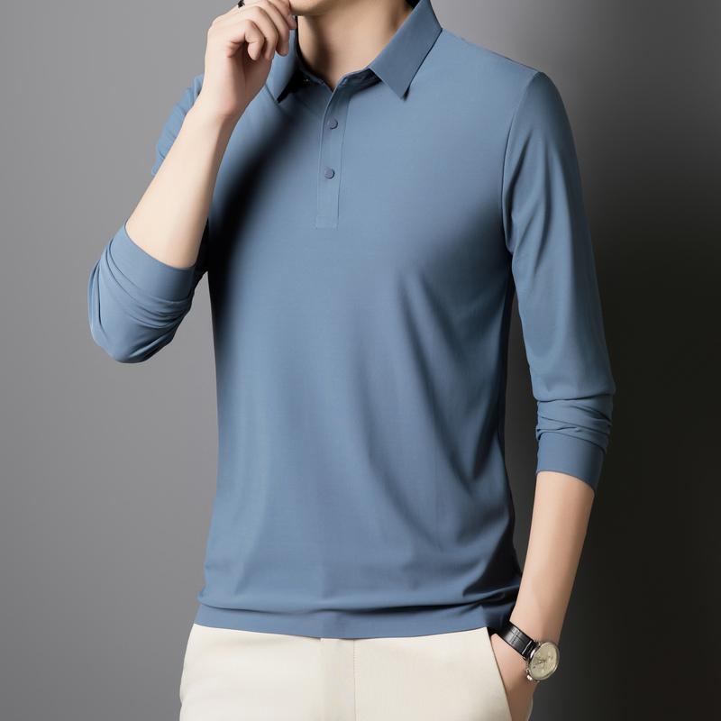 Solid Color Lapel Ice Silk Polo Shirt Long Sleeve Men's Spring and Autumn Traceless Business Casual Quick-drying Long Sleeve Top