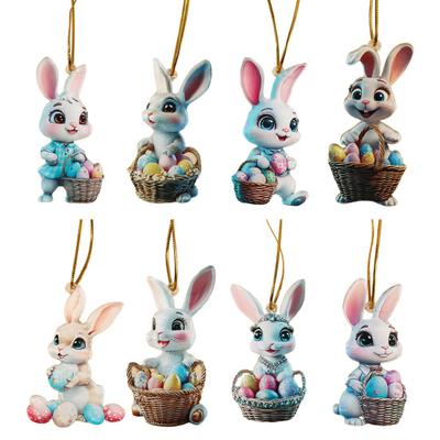 Easter Bunny Ornament 2D Flat Acrylic Bunny Car Rearview Mirror Charm Cartoon Bunny Egg Hanging Pendant for Home Office Car Window Backpack Decor
