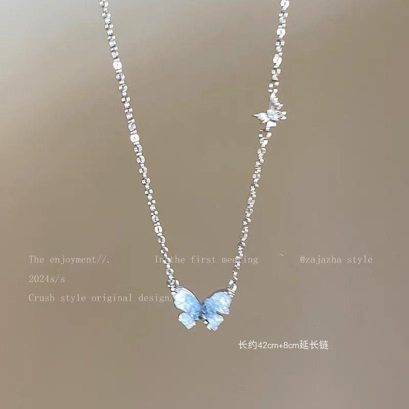 Ice Crystal Gradual Change Color Pearl Butterfly Fringed Necklace Women's Summer Exquisite High Sense Collarbone Chain Sweet Cool Babe Necklace