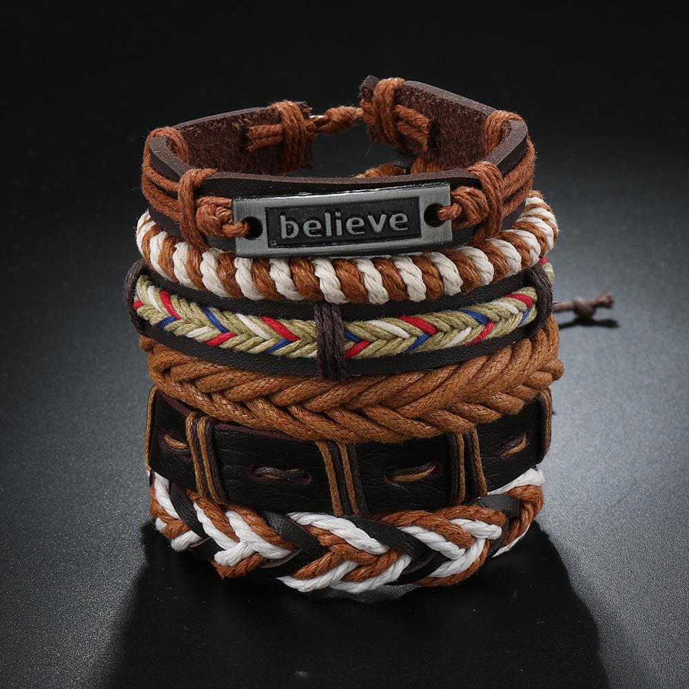 Believe Alloy Nameplate Leather Woven Bracelet, Men's Cross-border Hot-selling Multi-layer Set Bracelet Hand Rope Jewelry
