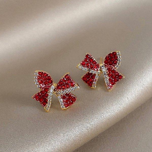 Luxury Red Pearl Zircon Bowknot Earrings Stud For Women Earrings Hook Dangle New Year Christmas Party Jewelry Gift