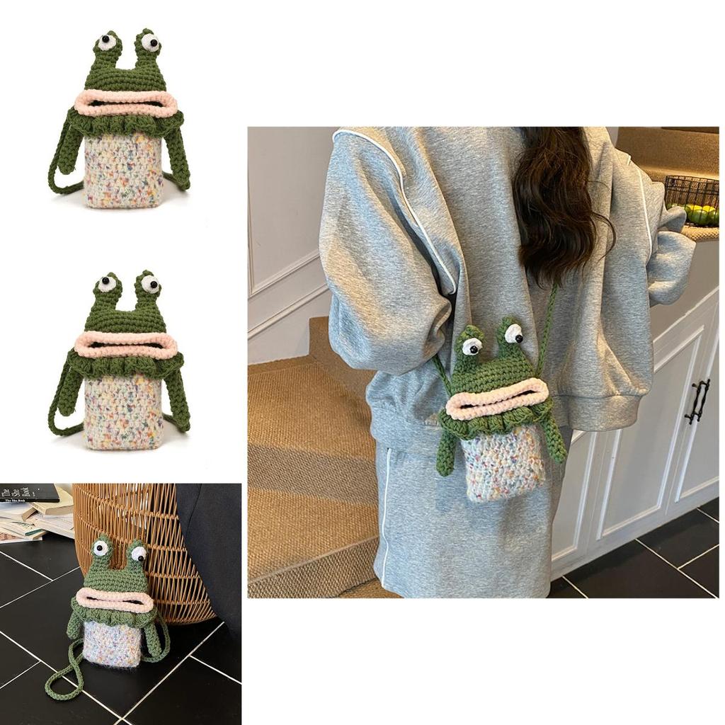 Childrens Green Cotton Knit Frog Mini Crossbody Bag With Soft Structure For Daily Activities