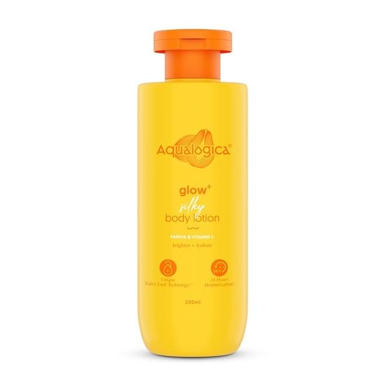 Aqualogica Glow+ Seidige Körperlotion für 24-Stunden-Feuchtigkeitsversorgung mit Papaya und Vitamin C – 200 ml | Spendet Feuchtigkeit und pflegt | Für normale bis trockene Haut