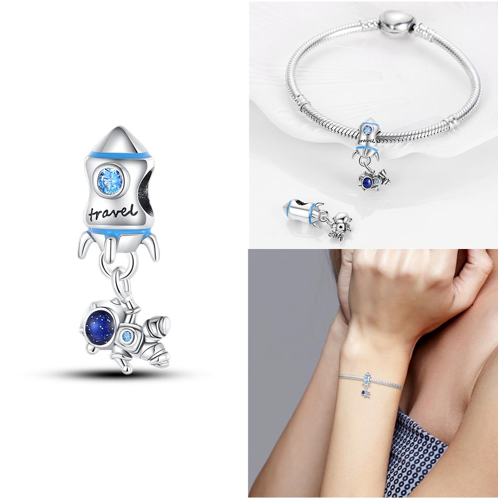 Copper Star Blue Glowing Heart Rocket Astronaut Beads Pendant Charm For Original Bracelet Woman Girl Jewelry