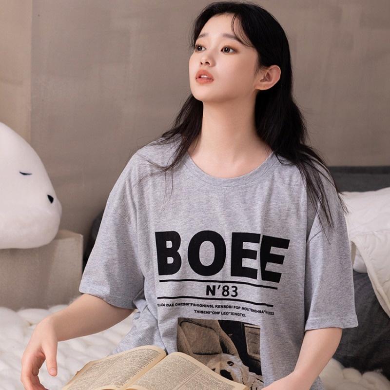 Loose-fitting Large-sized Women's Round-neck Short-sleeved T-shirt Dress, Long Laid-back Style Dress, Knee-length Sleeping Dress