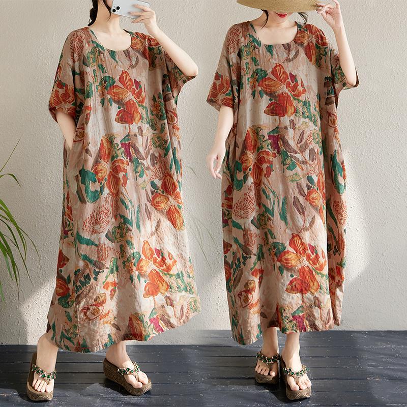 Dimanaf 2025 Plus Size Dress Women Summer Elegant Long Floral Printing Dress Loose Casual Vintage Dress Maxi