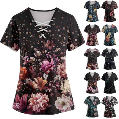 Women's Short-Sleeve Strap V-Neck Floral Print Pocket Top