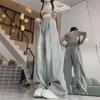 „Hellblaue Retro-Jeans mit hoher Taille und weitem Bein für Damen, Herbststil, lockere Passform, schlankmachend und bodenlang“