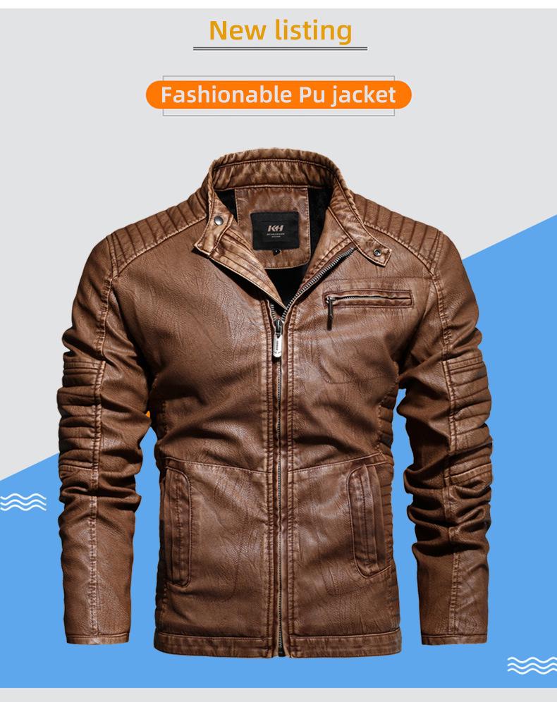 Jachetă de motociclist pentru bărbați, de iarnă, din piele PU, cu guler înalt, croială slim fit - Stil European & American