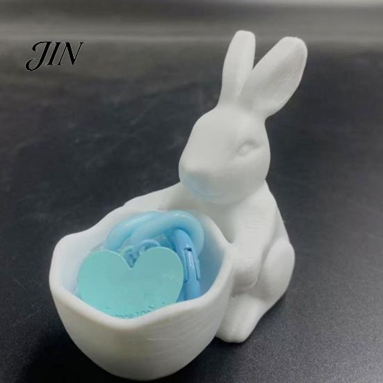 3D Printed Rabbit Bowl Easter Bunny Candy Bowl, Cute Holding Figurine, DIY Paintable White Desk Blank Decor for Living Room Office, Versatile Trinket