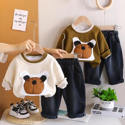 Boys' Long Sleeved Two-piece Set - Round Neck Bear Pattern Top+denim Pants - Children's Casual Hoodie Set