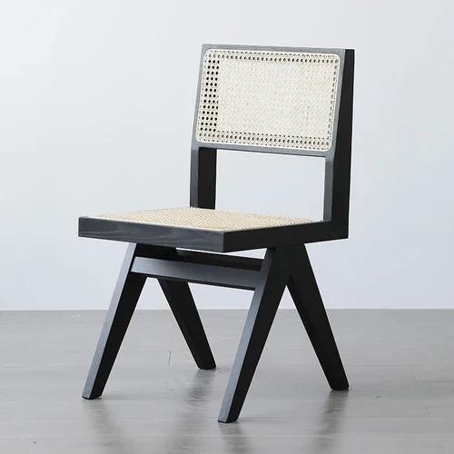 Nordic Retro Birch Dining Chair – Designer Studio Style with Rattan & Solid Wood Back, Armless Natural Coffee Chair