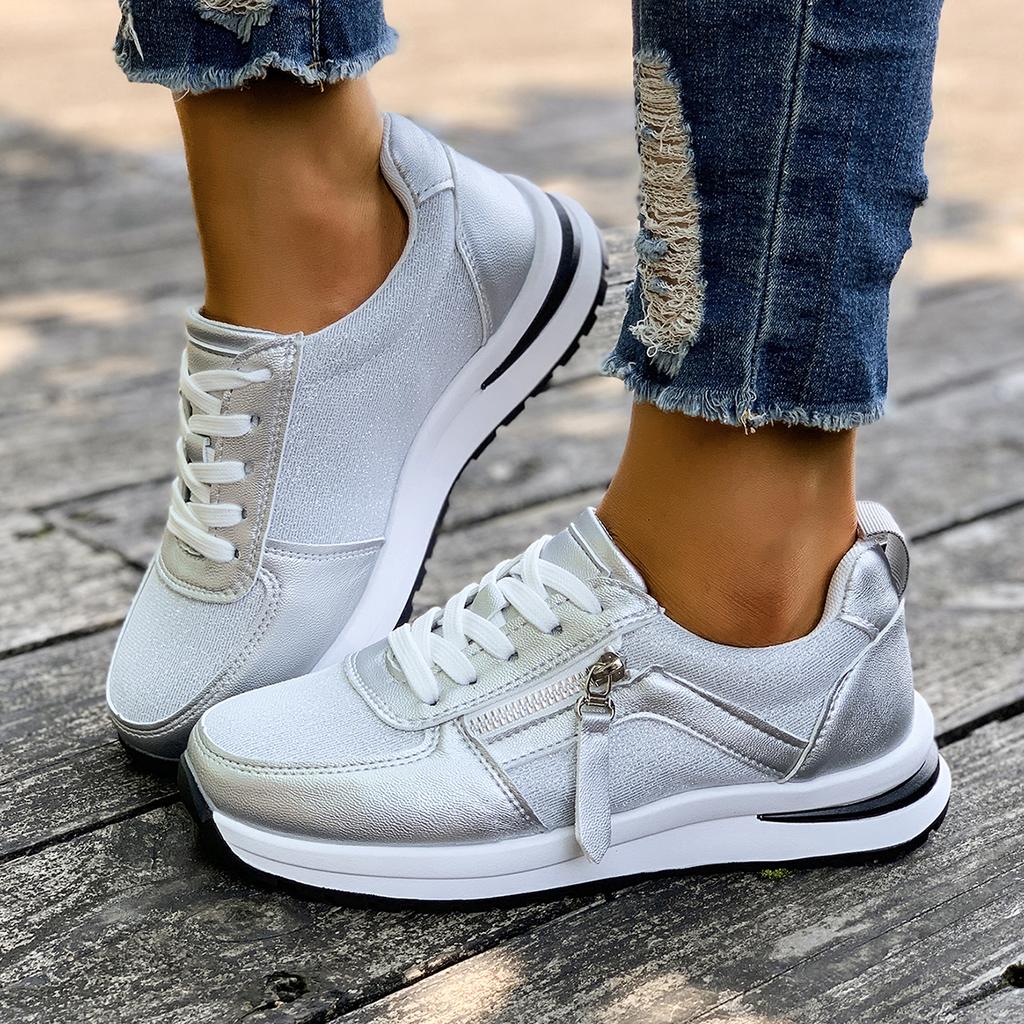 Casual Breathable Mesh Lace Up Sports Sneakers Women 2025 Autumn Fashion Zip Decoration Running Shoes Soft Wedge Heel Sneakers