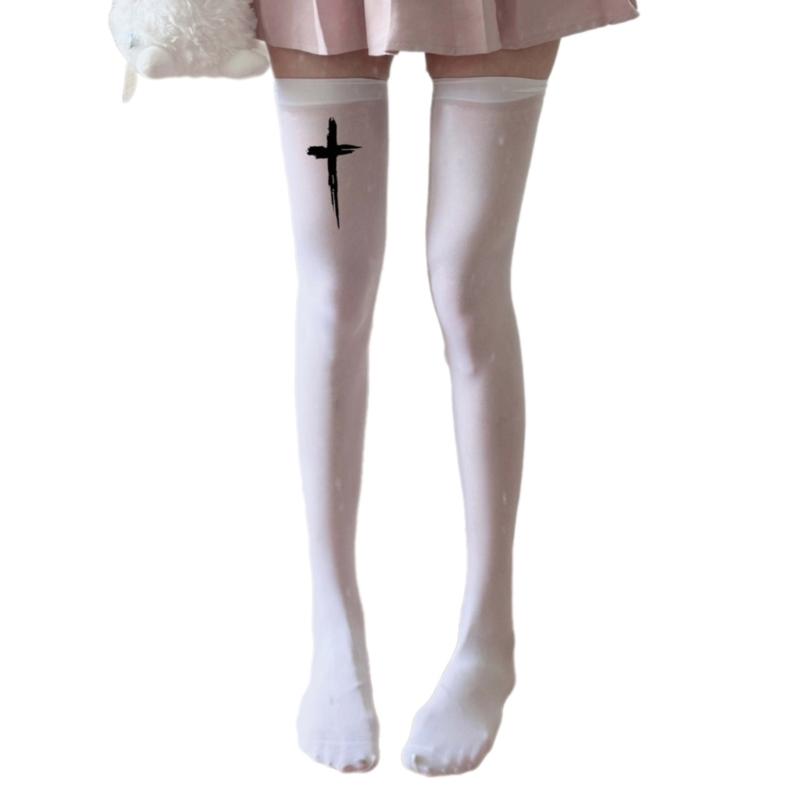 Anime JK Mädchen Kreuz Print Strümpfe Damen Seiden Leggings Strumpfhosen Socken Cosplay Kostüm Über Knie Oberschenkel Hoch Lange Socken