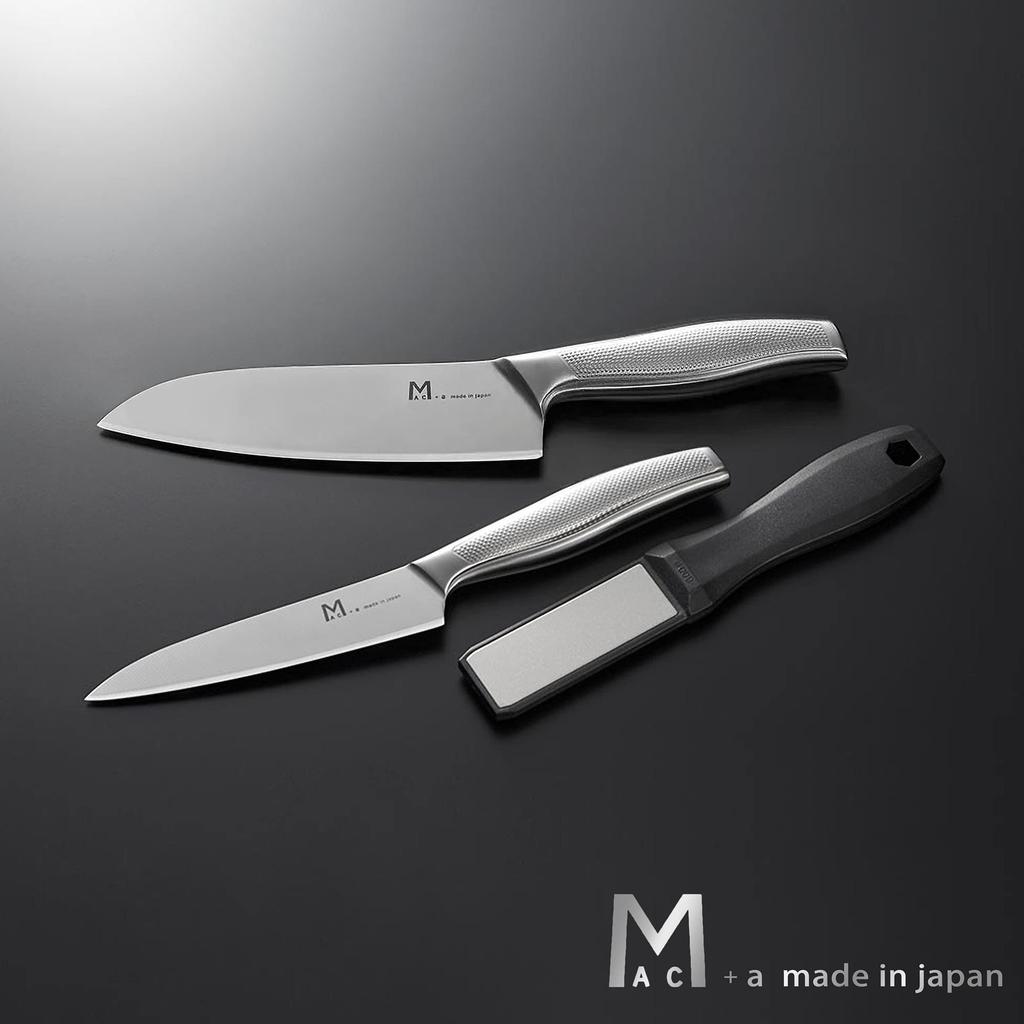 Edelstahl Messerset Petty mit Diamantschärfer 3 Teile Hergestellt in Japan MAC+a (Santoku & Messer) - -