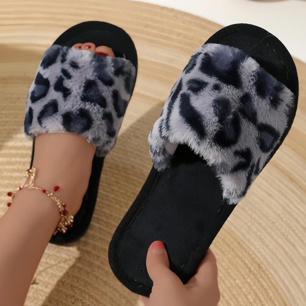 Order a Size Larger Women's Luxury Fluffy Leopard Print Slippers, Plush Warm Slippers with an Open Toe and Soft Soles.