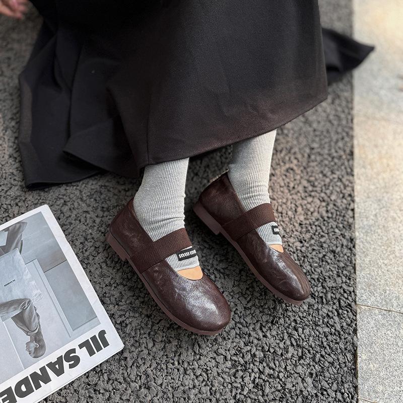 Johnature Sapatos Mary Jane Femininos de Couro Genuíno com Elástico Casual de Couro de Vaca Macio Flats Confortáveis com Solado Macio