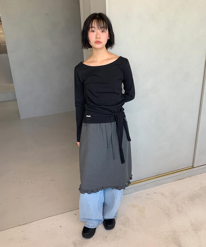 Ronron Stripe Frill Star Charm Midi Skirt Gray