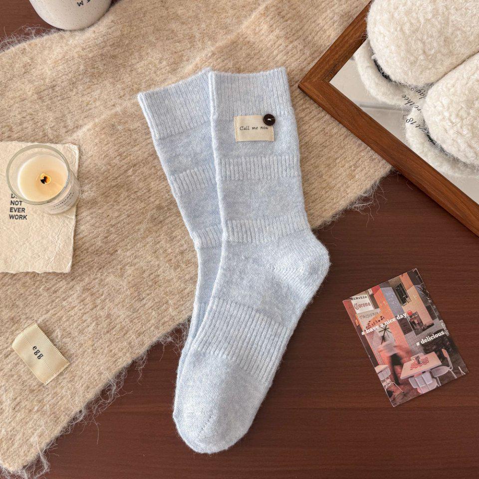 Women's Wool Mid-Calf Socks: Warm, Thick, Knitted with Button Detail, Solid Color, Simple and Chic