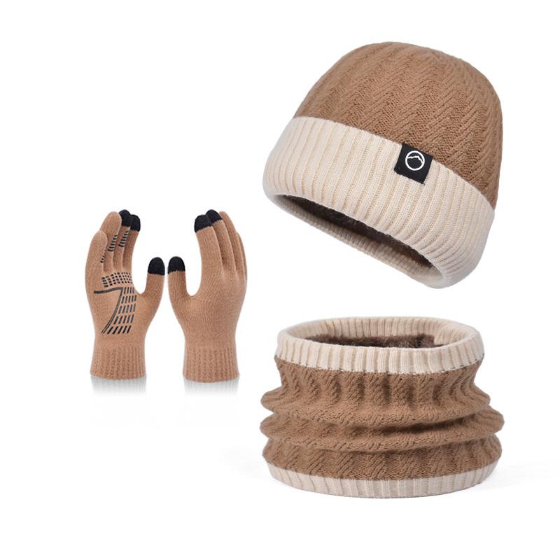 Winter Hat Gloves Scarf Set Men's Knitted Pullover Hat Fleece Warm Ear Protector Wool Hat