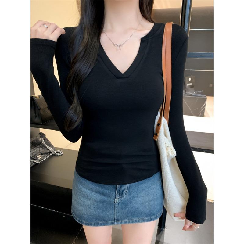 

Wind real shot Spice Girl sweet Sa wind collar long-sleeved T-shirt women s season slim fit inside and outside wearing bottomed shirt top XL чёрный