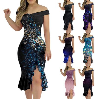 Sexy Damenkleid mit schulterfreiem Druck, enges, unregelmäßiges Unterkleid