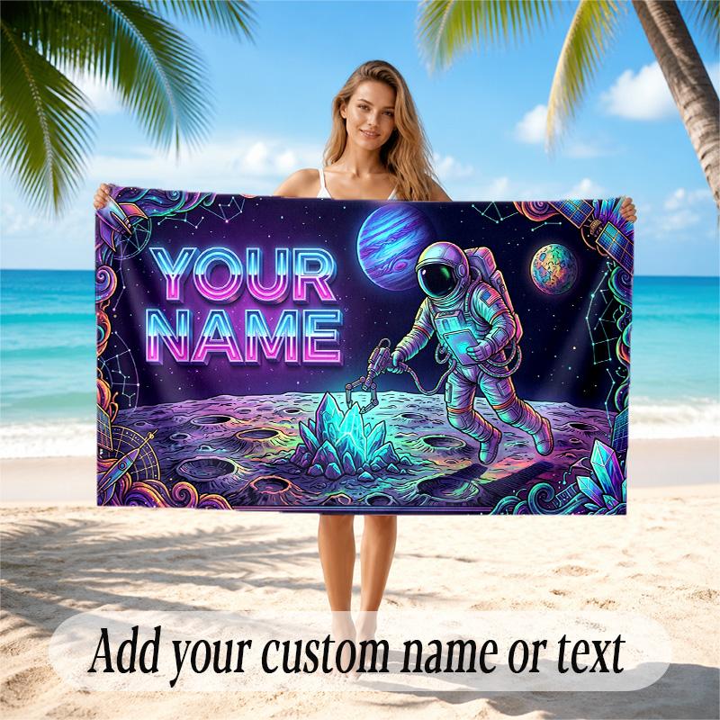 Astronaut Space Theme Quick Dry Beach Towel Custom Name Text Print Large Sand Resistant Towel Beach Vacation