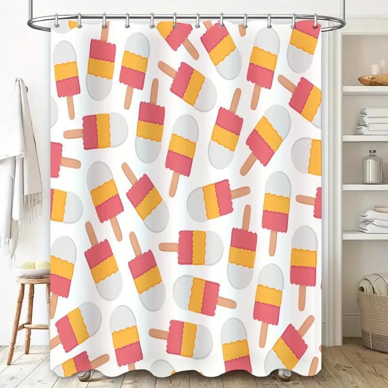 Summer Fun Pop-Corn Popsicle Shower Curtain Waterproof Decor for Bathrooms Red Pink Yellow White Cartoon Print Water Repellent F