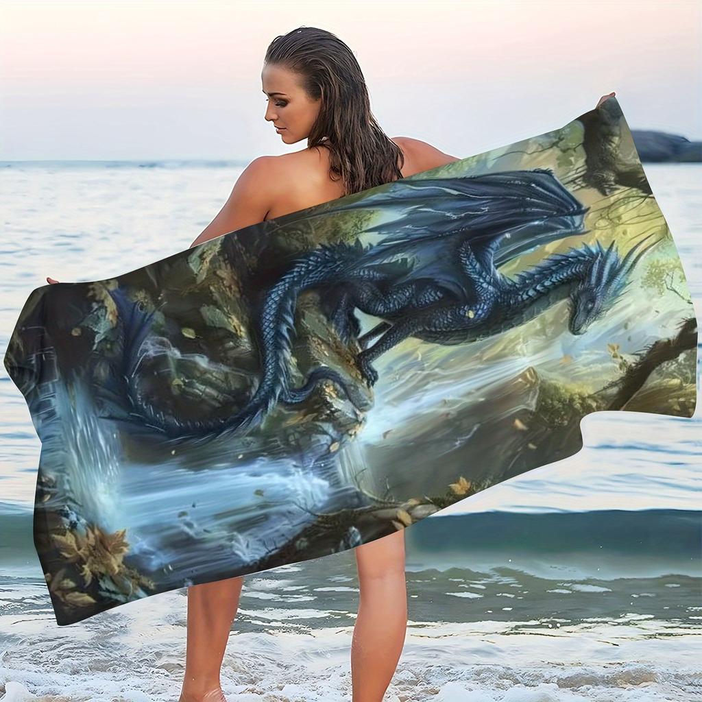Asciugamano da Spiaggia Drago Stampa Creatura Fantasy Design Scena Cascata Asciugatura Rapida Morbido Microfibra Asciugamano da Bagno Per Uomini Fan del Fantasy