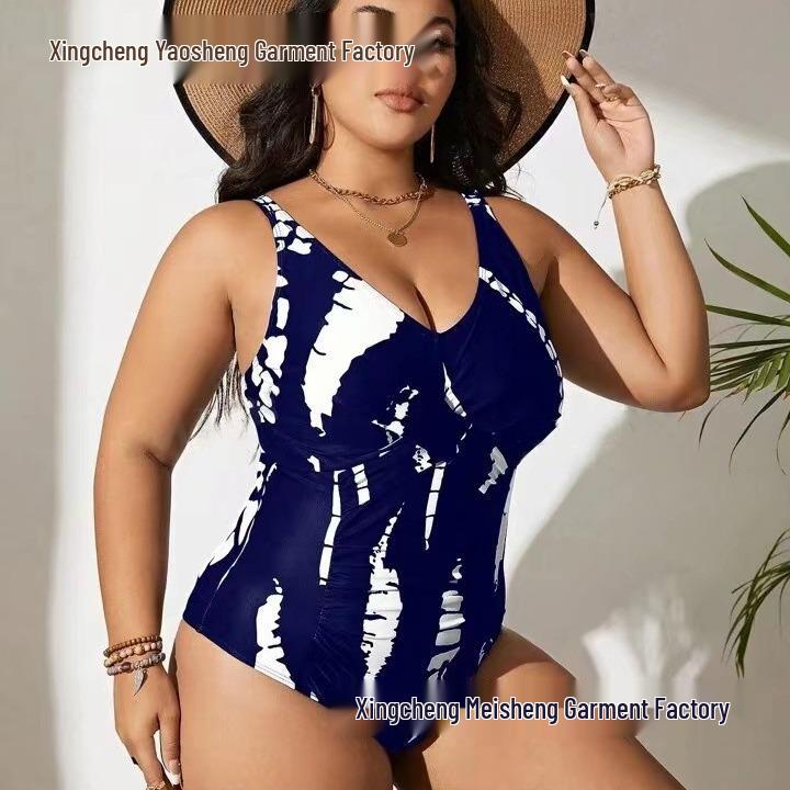 European & American 2024 Plus Size Printed Halter Backless Ruched Bikini for Women