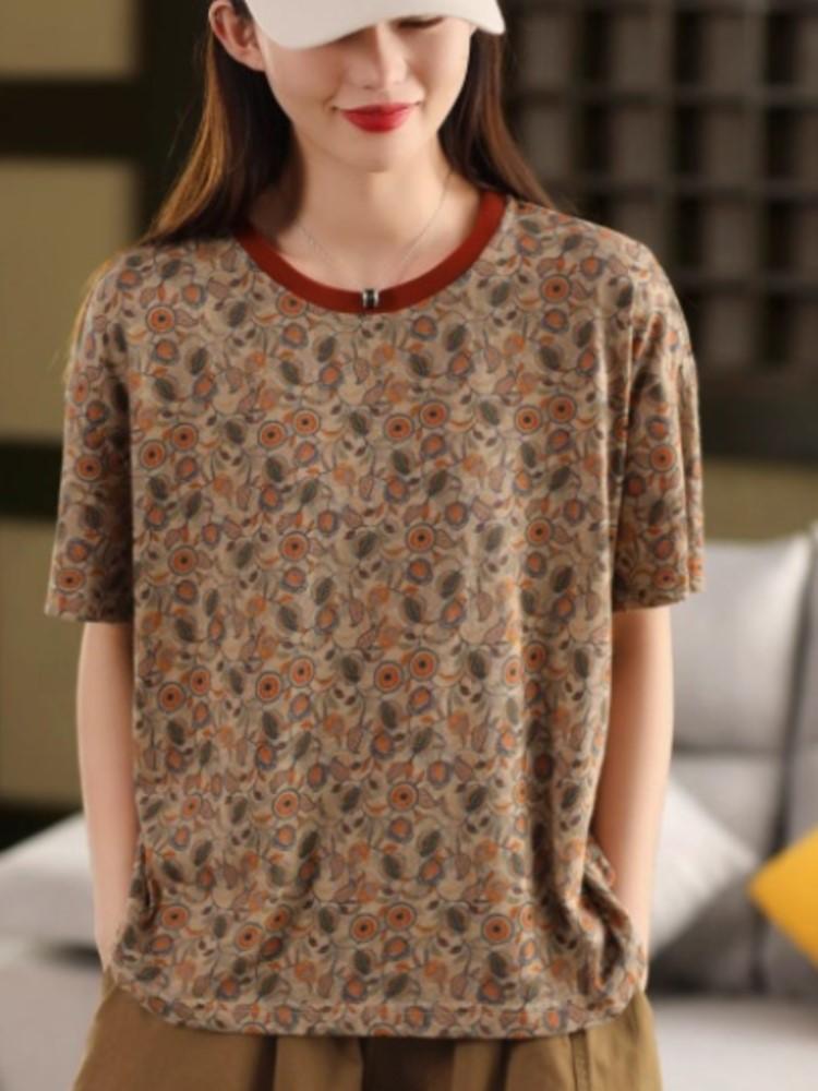 Johnature Women Print Floral T-Shirts O-Neck Short Sleeve Soft Summer Loose Casual T-Shirts