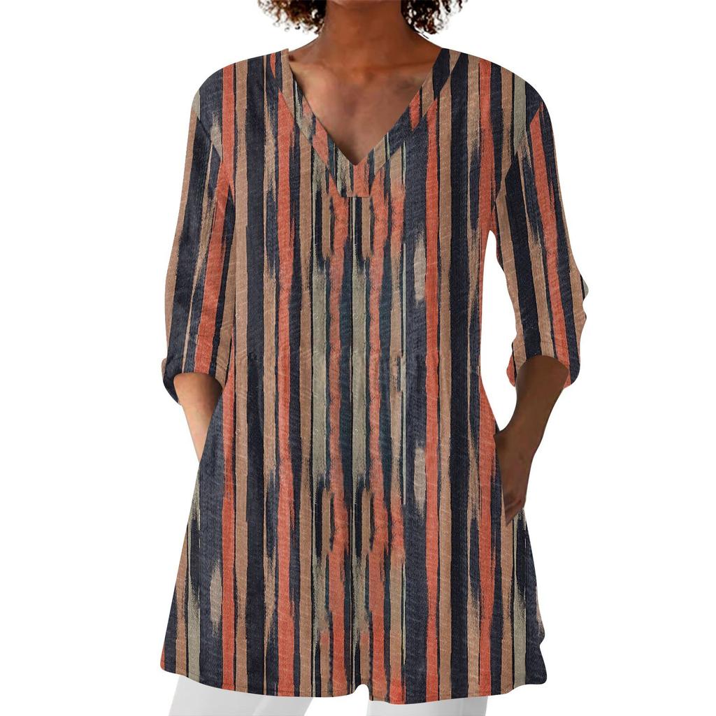 Dámská móda Tištěný V výstřih 3/4 rukáv Kapsa Ležérní Volný střih Svetr Top