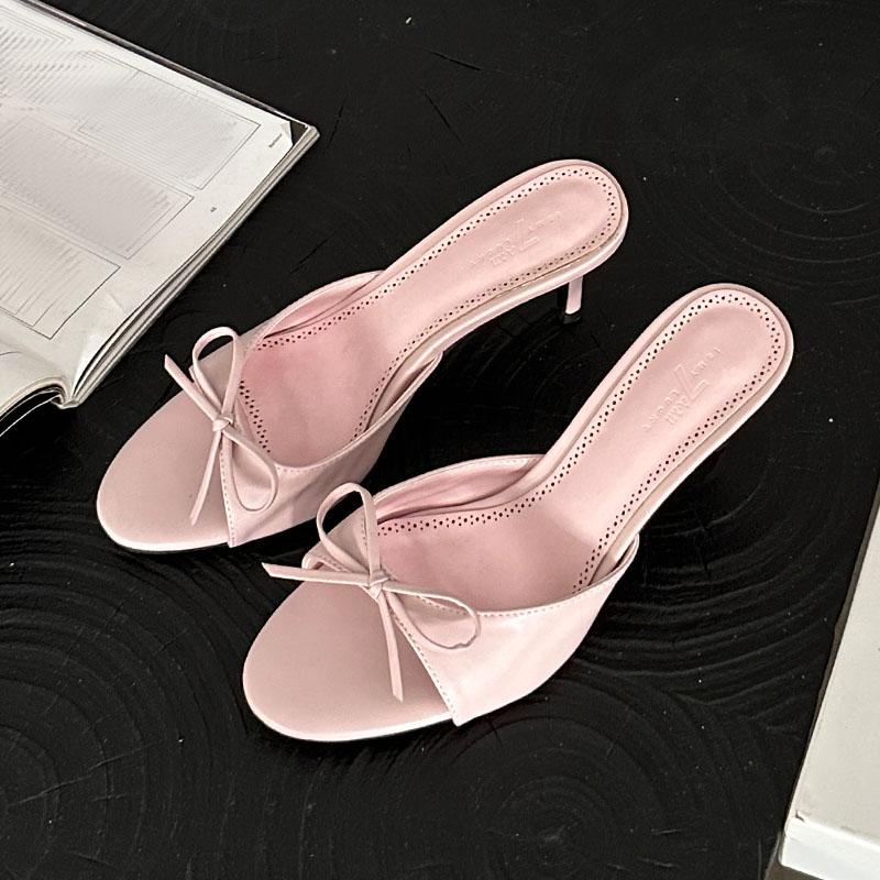 Fashion Pink Female Round Toe Footwear Thin Heels Sandals Slides Shoes For Women Fashion Butterfly-Knot Ladies Heeled Sandals Shoes