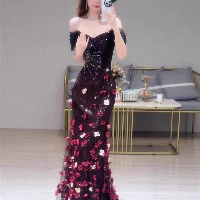 Shoulder Bride Engagement Toast Three-dimensional Flower Sequins Banquet Fishtail Dress Host Art Exam Evening Dress