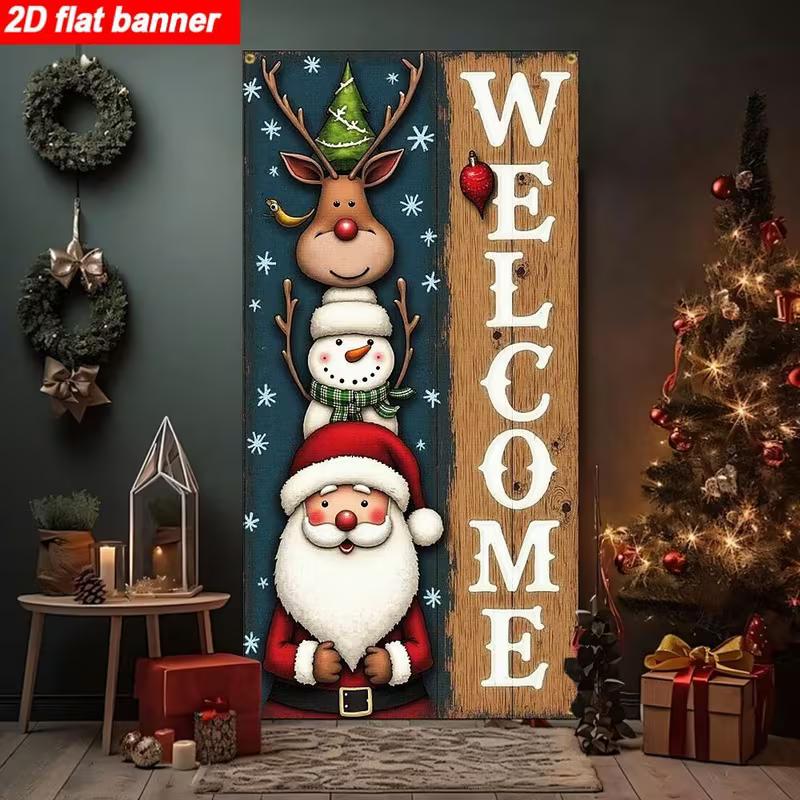 2D Christmas Rustic Welcome Door Banner, Santa Snowman Reindeer Backdrop