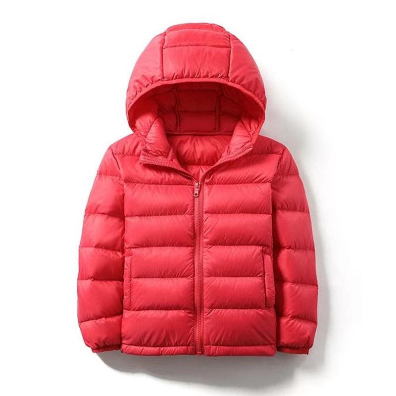 Children's Lightweight Hooded Down Jacket - Solid Color, Winter Style, 90% Down, Medium & Large Sizes
