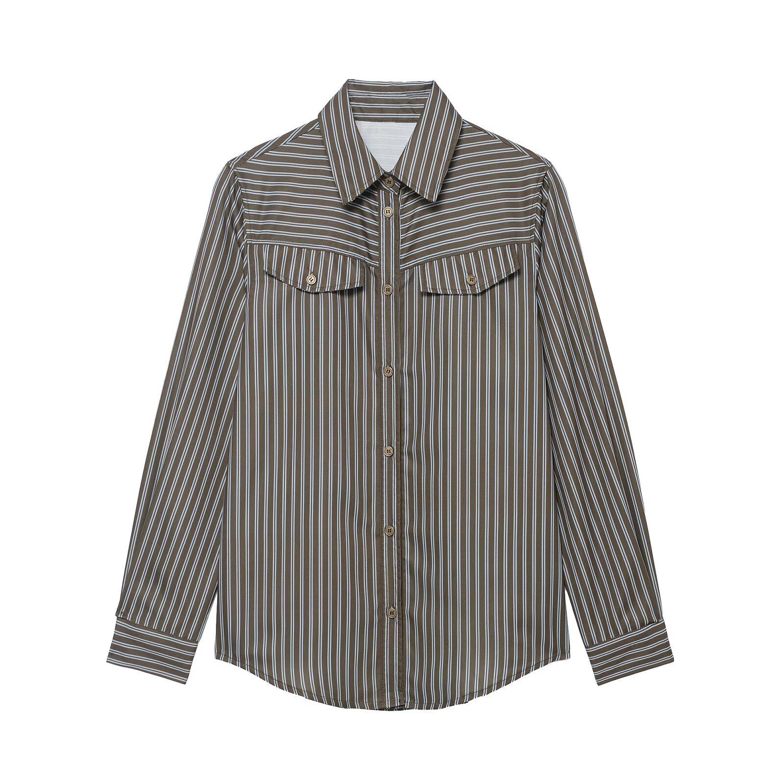 2025 Autumn Women s Casual European/American Striped Long-sleeve Loose Pocket Shirt Medium