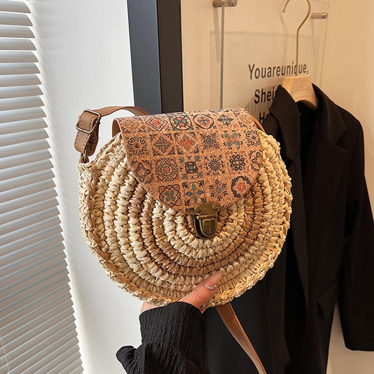 

Круглая соломенная женская плетеная пляжная сумка через плечо в стиле бохо, женская сумка из ротанга ручной работы 25x6x26cm бежевый