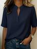 Women's Short Sleeve V Neck Stand Collar Blouse with Metal Trim Light Blue Casual Top